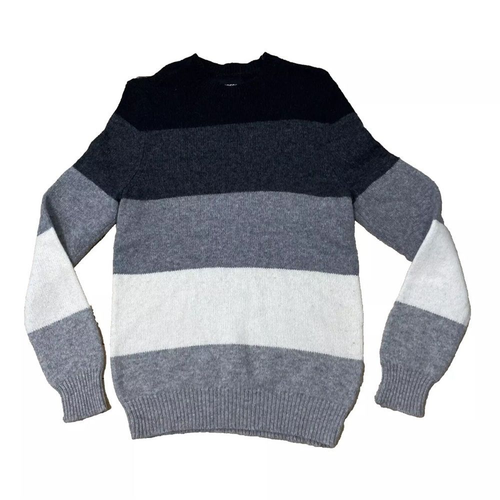 EXPRESS Lambs Wool Sweater Womens S Stripe Black Gray Beige Warm Mall Preppy